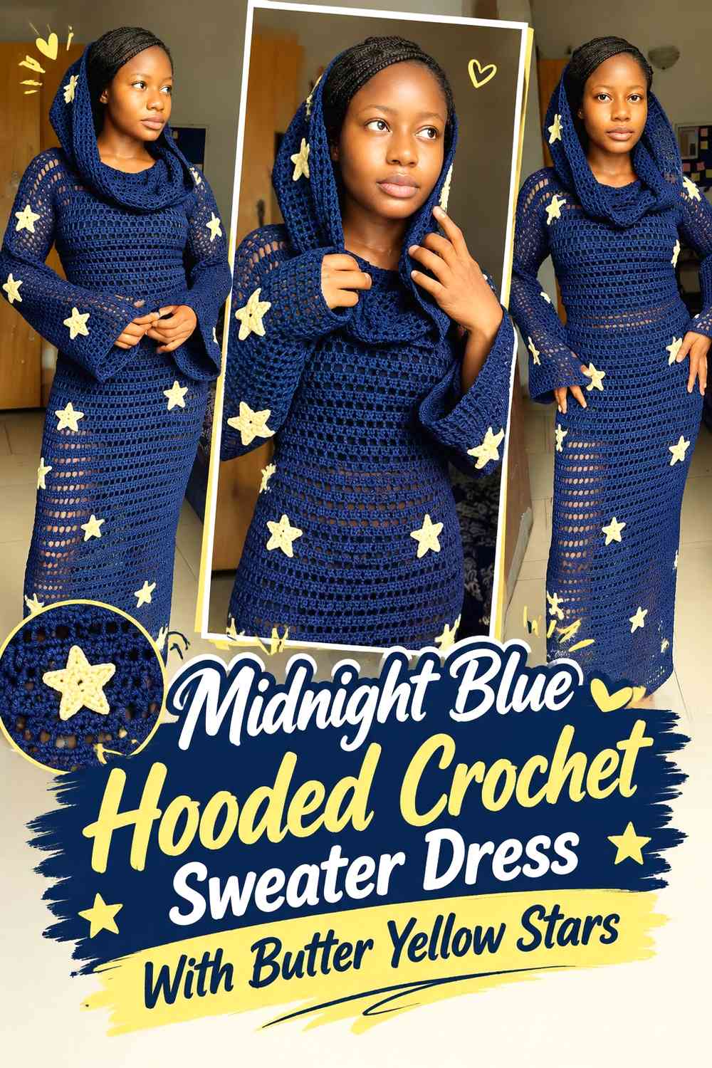 Midnight Blue Hooded Crochet Sweater Dress With Butter Yellow Stars