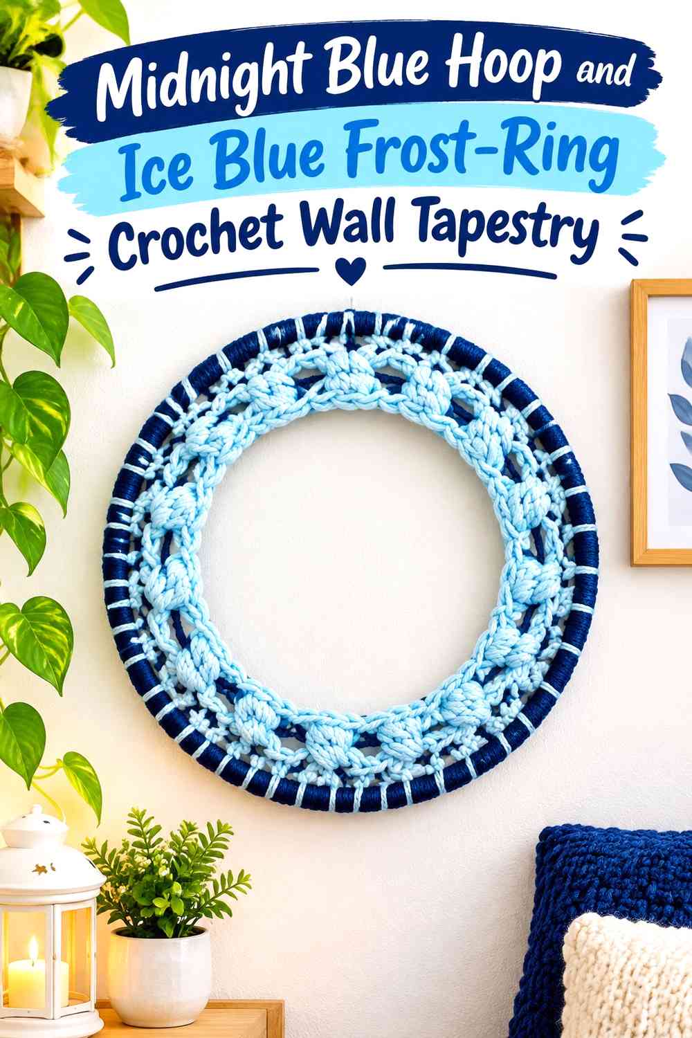 Midnight Blue Hoop and Ice Blue Frost-Ring Crochet Wall Tapestry