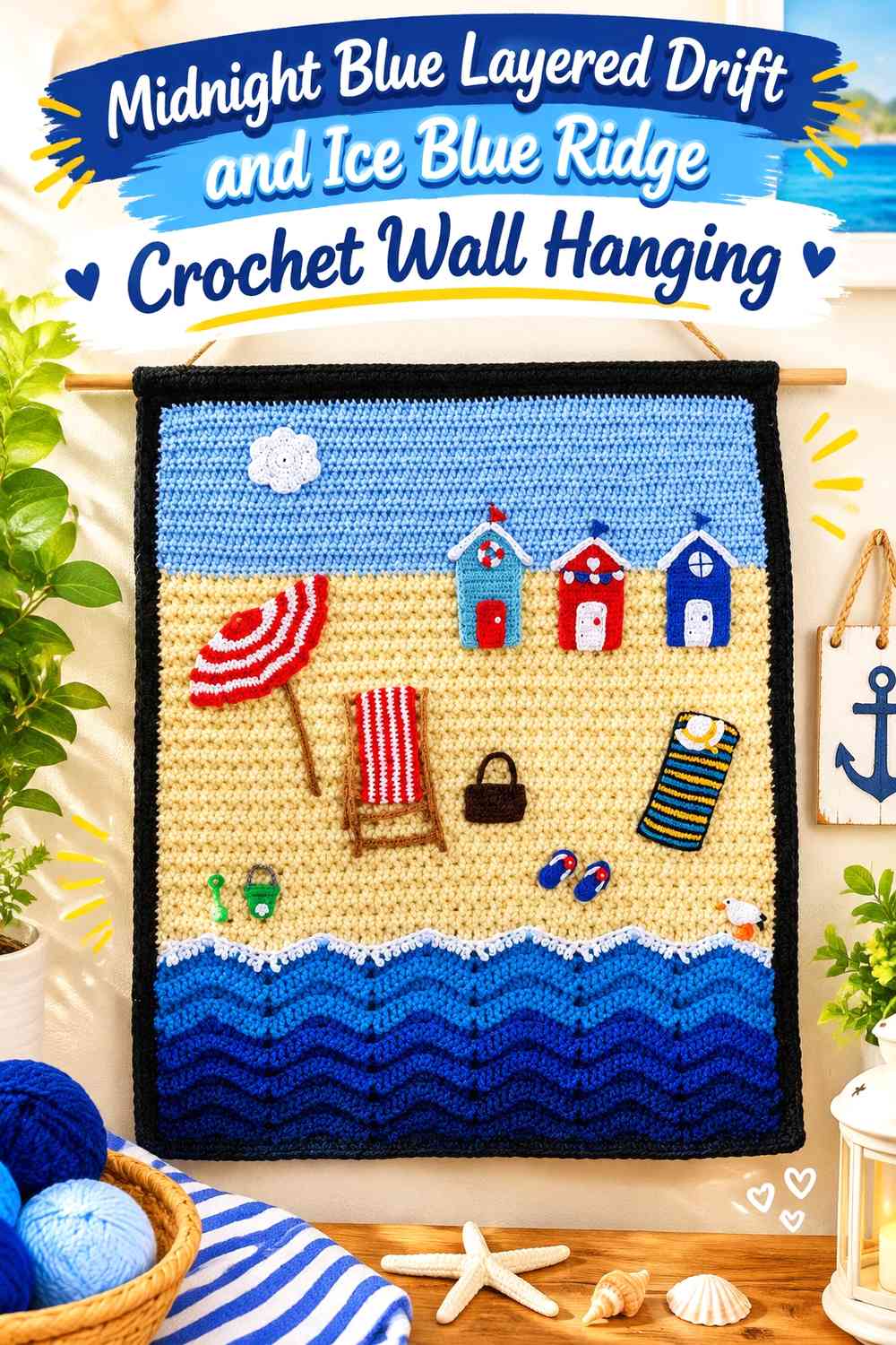 Midnight Blue Layered Drift and Ice Blue Ridge Crochet Wall Hanging