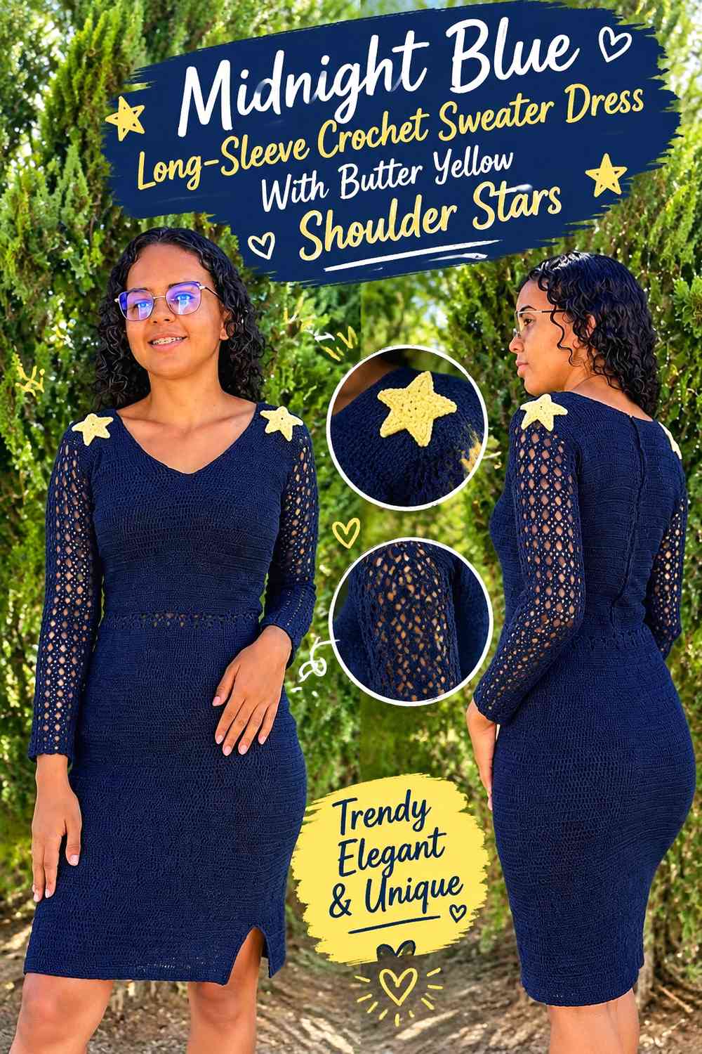 Midnight Blue Long-Sleeve Crochet Sweater Dress With Butter Yellow Shoulder Stars