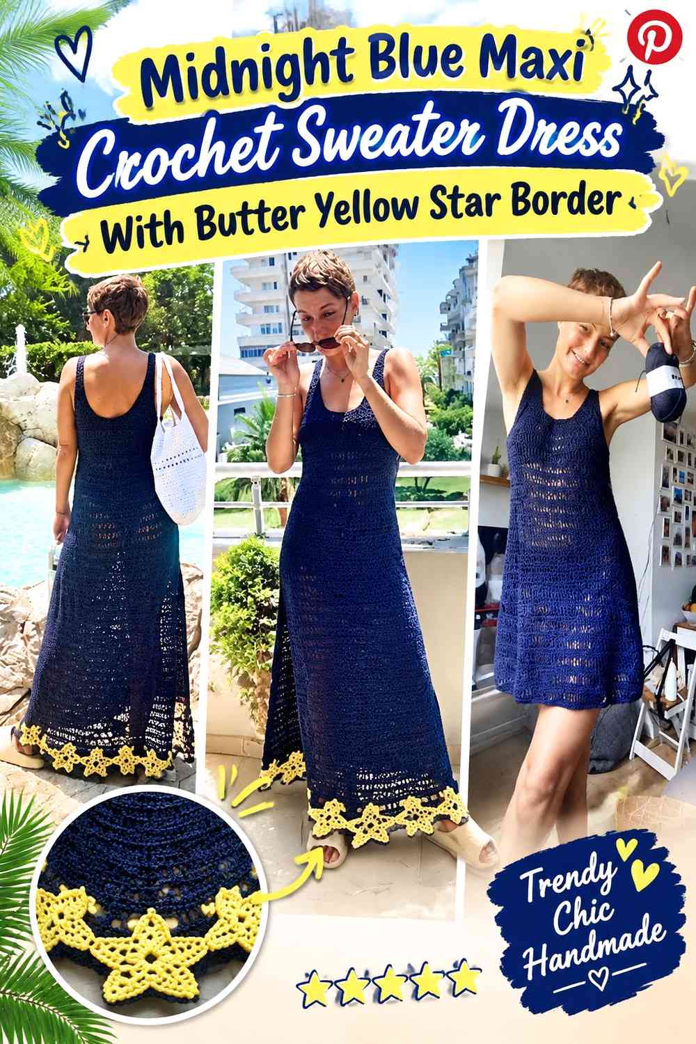 Midnight Blue Maxi Crochet Sweater Dress With Butter Yellow Star Border