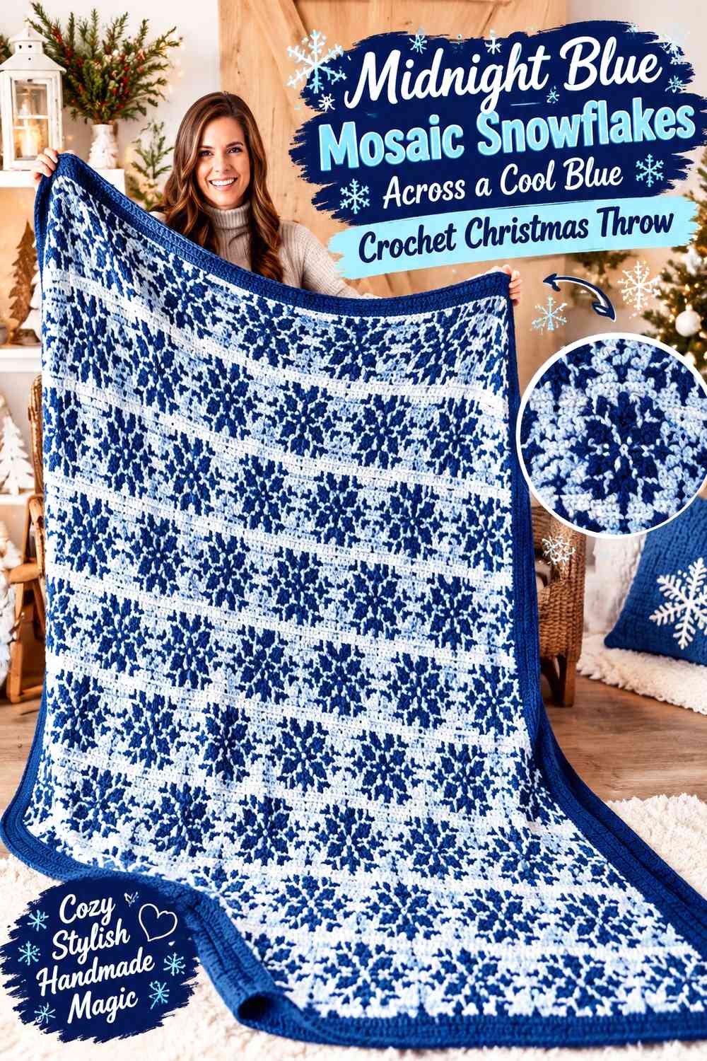 Midnight Blue Mosaic Snowflakes Across a Cool Blue Crochet Christmas Throw