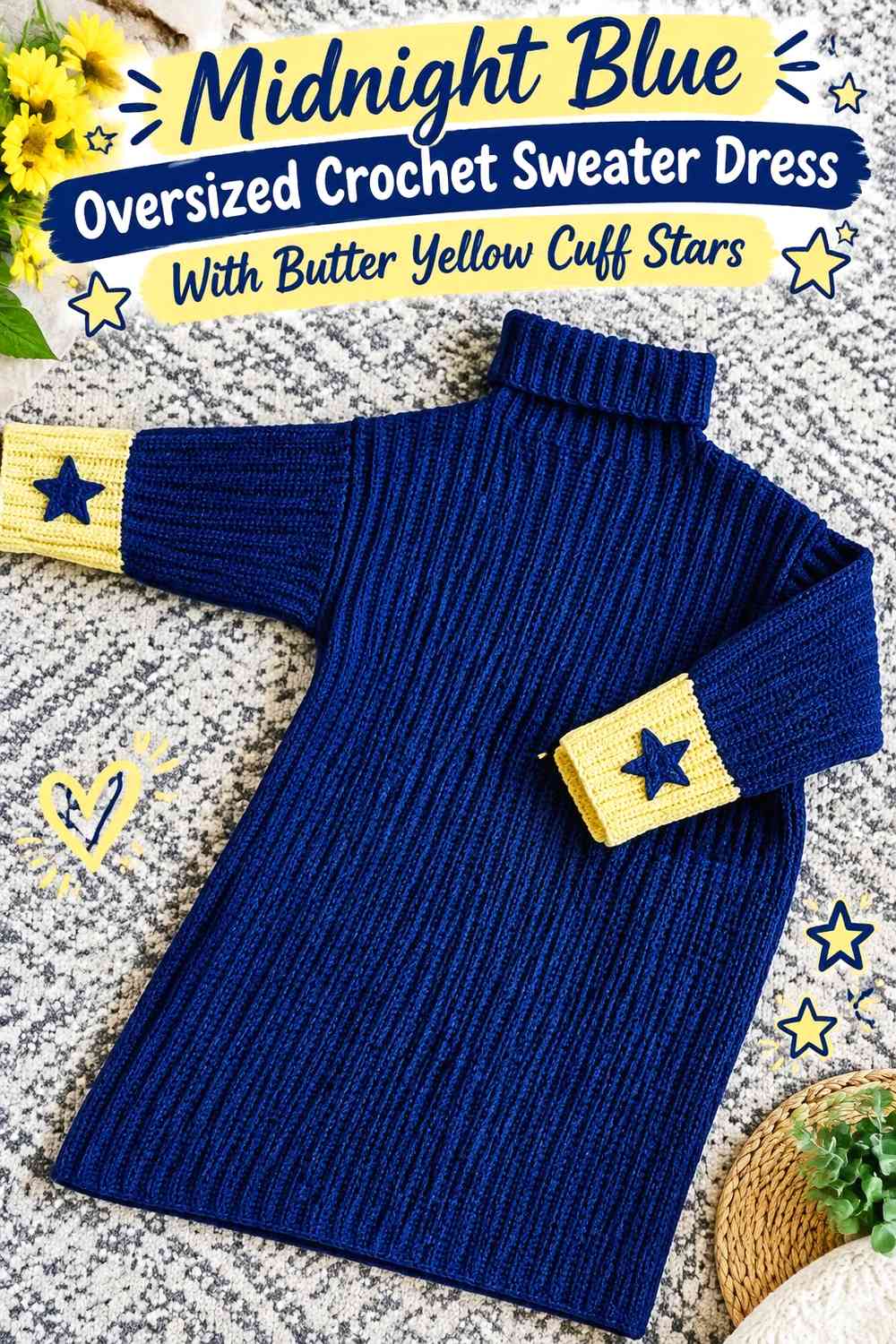 Midnight Blue Oversized Crochet Sweater Dress With Butter Yellow Cuff Stars