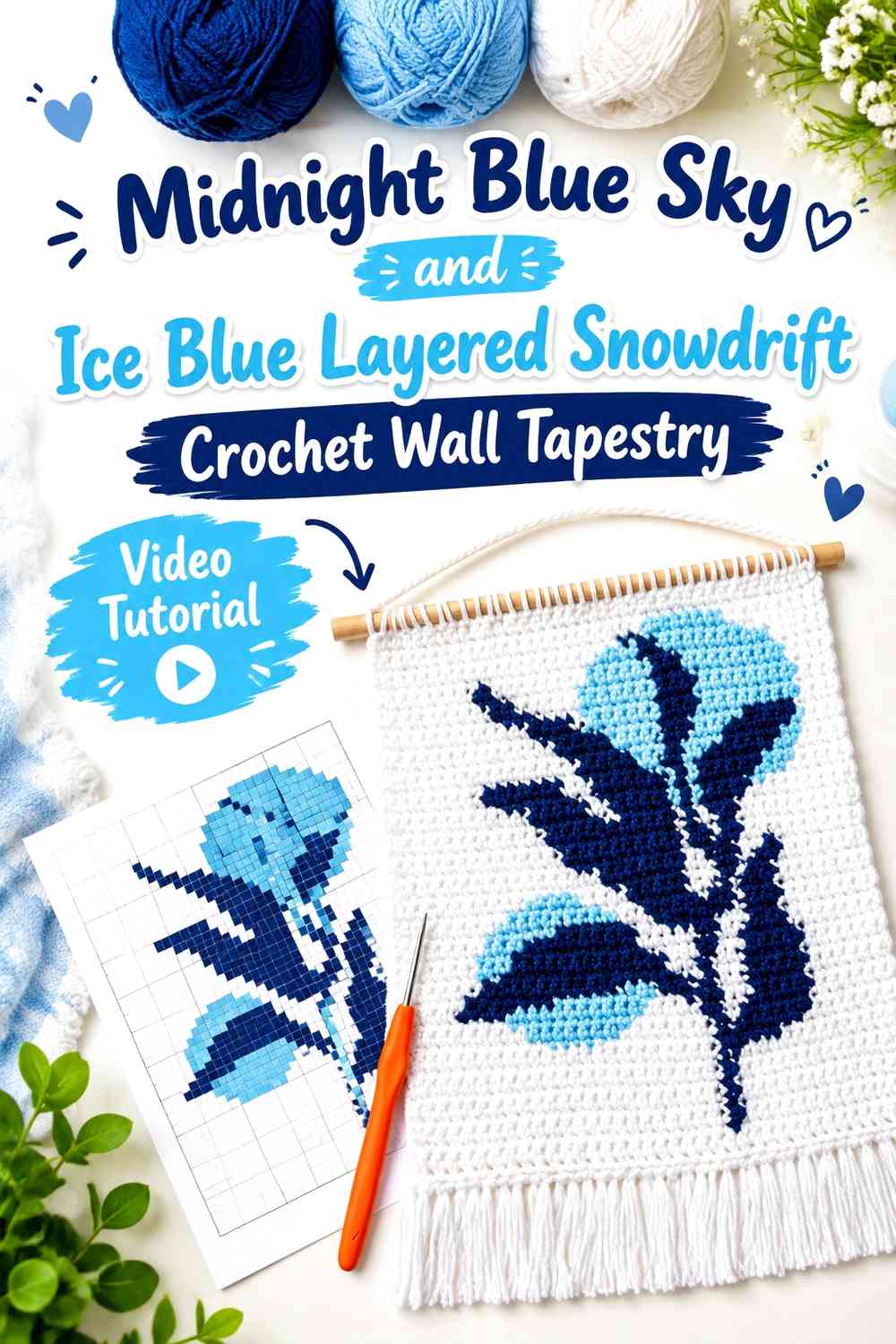 Midnight Blue Sky and Ice Blue Layered Snowdrift Crochet Wall Tapestry