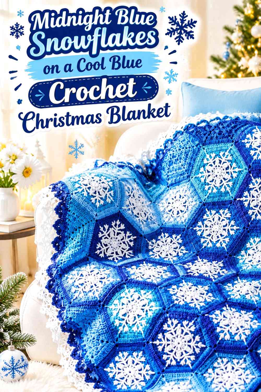 Midnight Blue Snowflakes on a Cool Blue Crochet Christmas Blanket