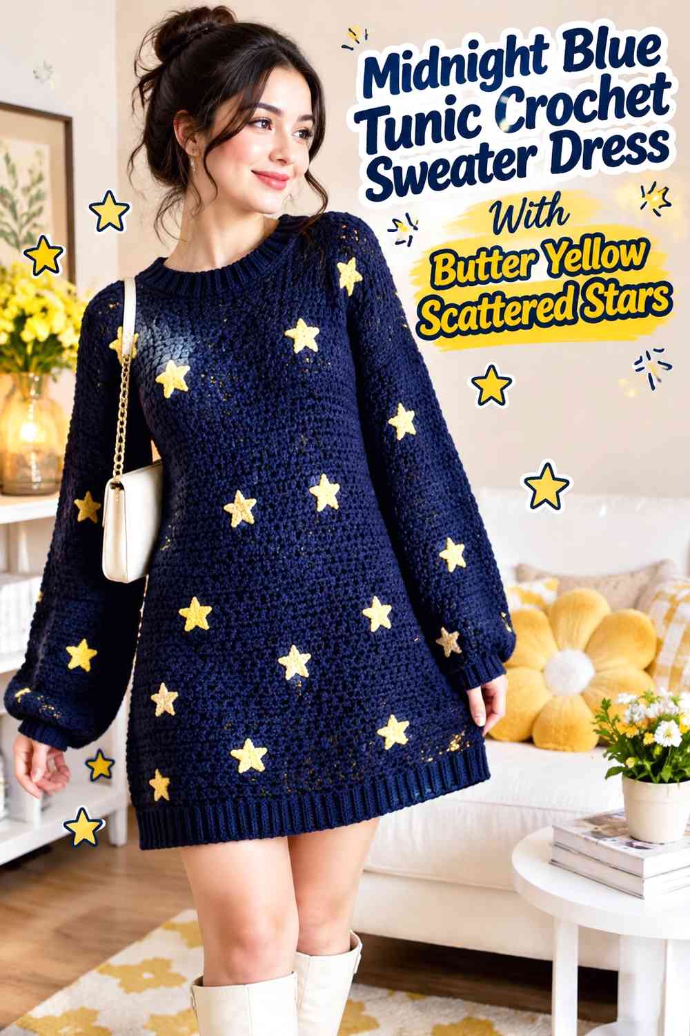 Midnight Blue Tunic Crochet Sweater Dress With Butter Yellow Scattered Stars