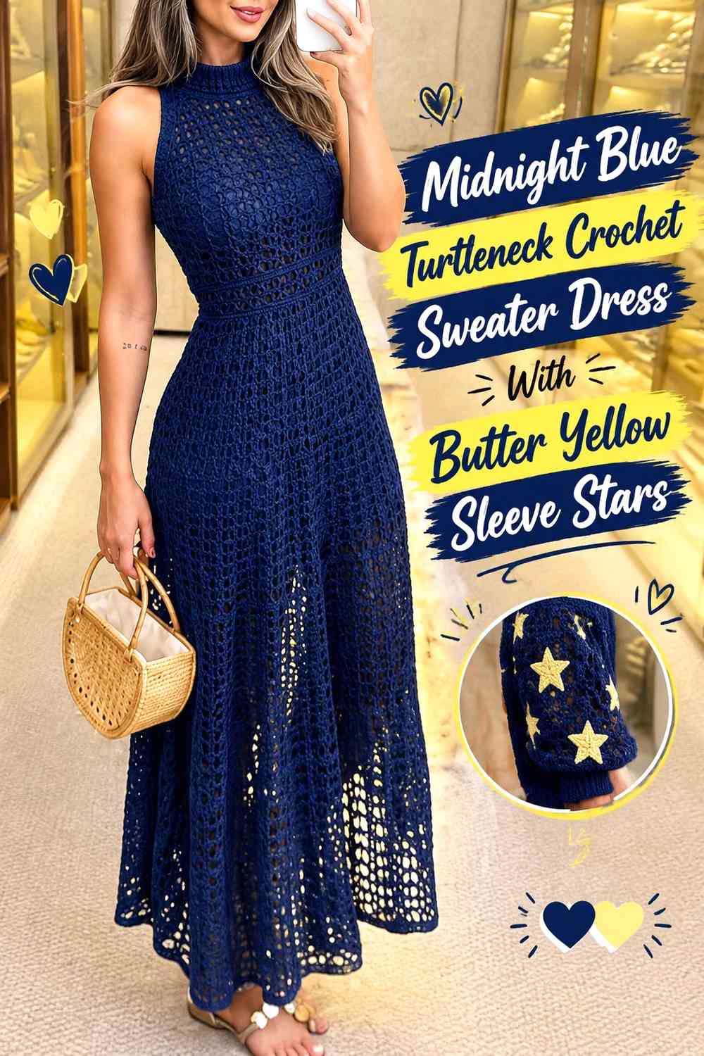 Midnight Blue Turtleneck Crochet Sweater Dress With Butter Yellow Sleeve Stars