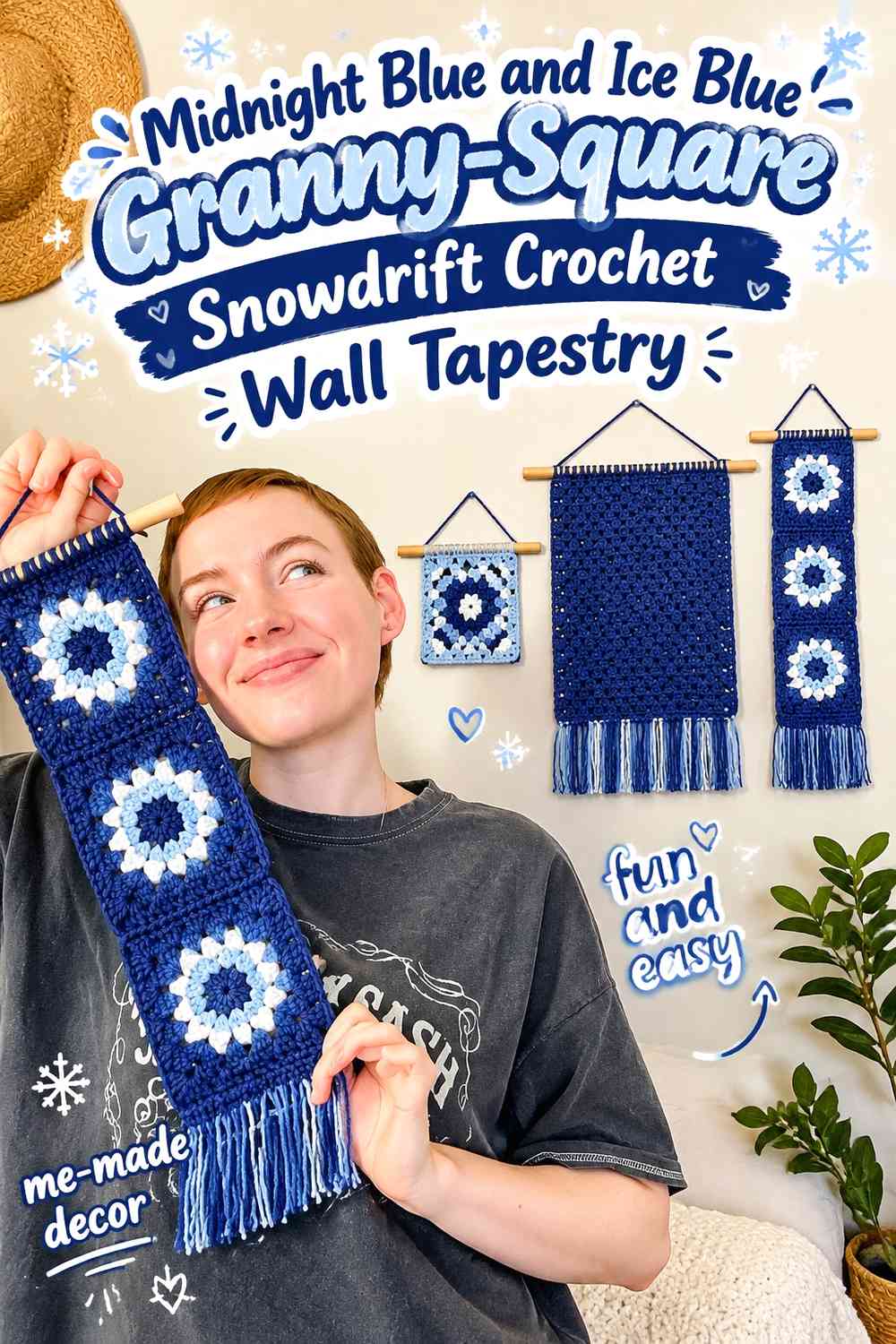 Midnight Blue and Ice Blue Granny-Square Snowdrift Crochet Wall Tapestry