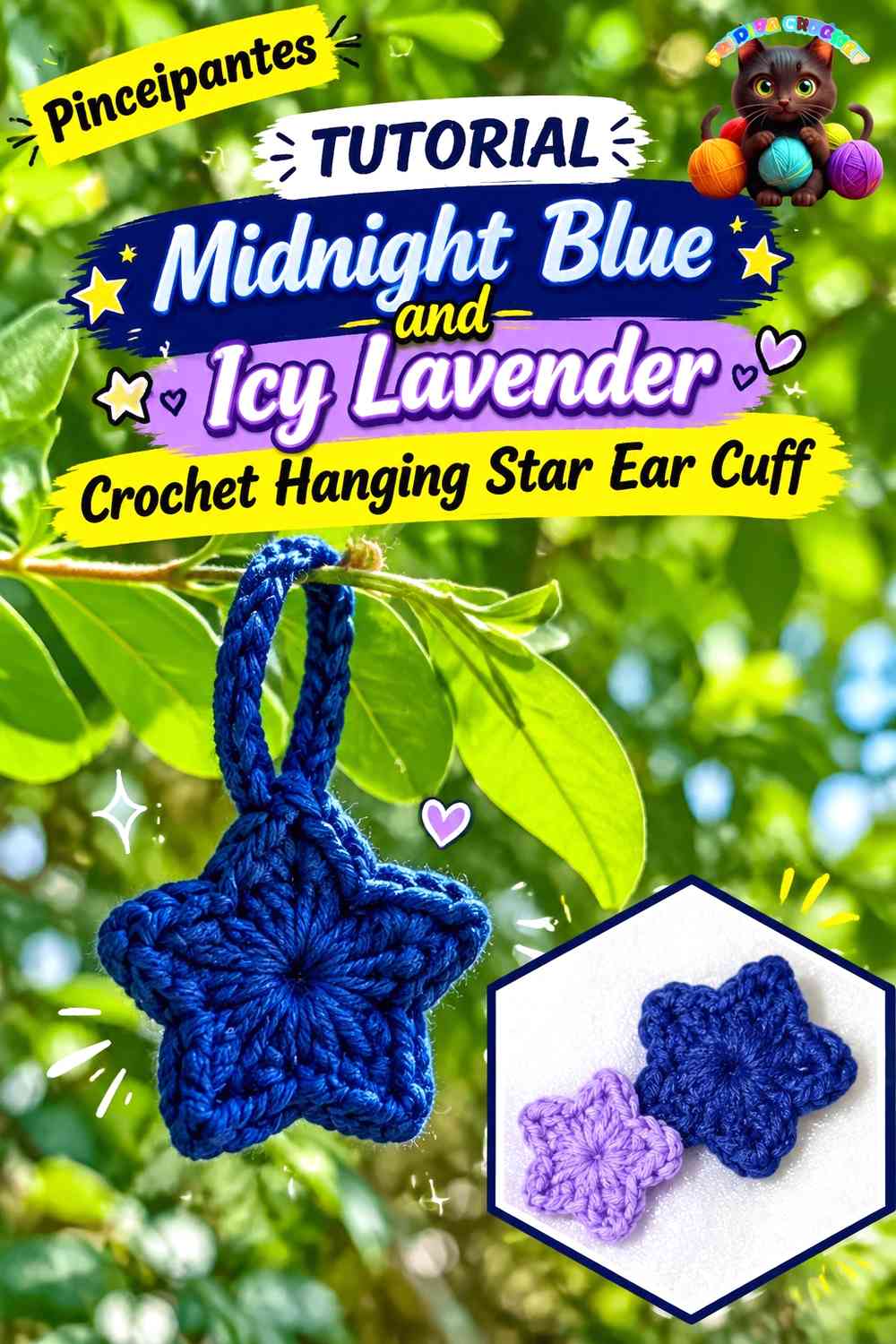 Midnight Blue and Icy Lavender Crochet Hanging Star Ear Cuff