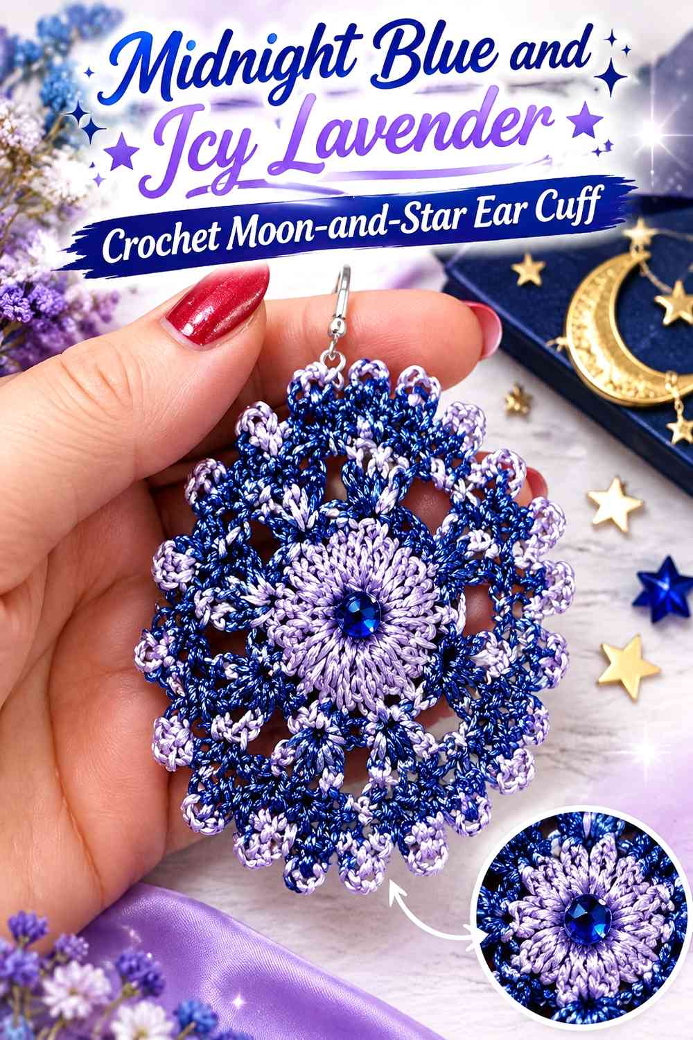 Midnight Blue and Icy Lavender Crochet Moon-and-Star Ear Cuff