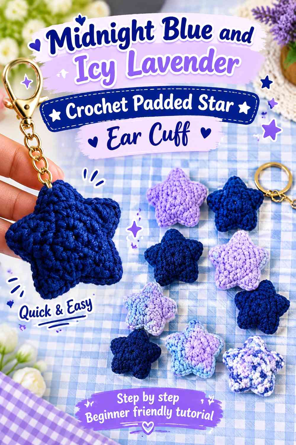 Midnight Blue and Icy Lavender Crochet Padded Star Ear Cuff