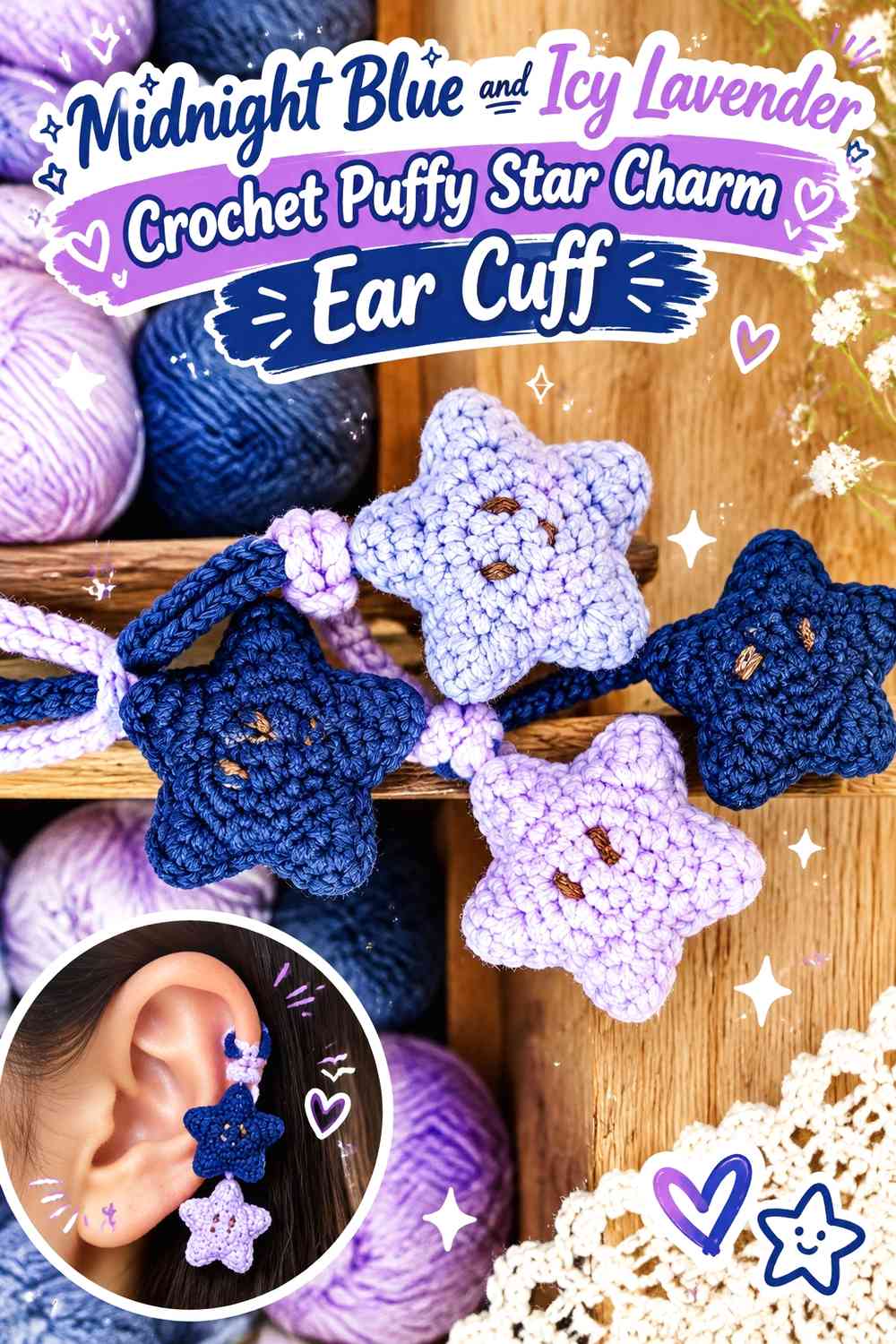 Midnight Blue and Icy Lavender Crochet Puffy Star Charm Ear Cuff
