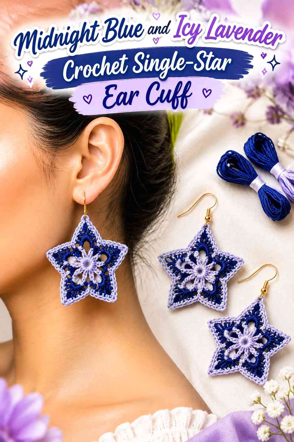 Midnight Blue and Icy Lavender Crochet Single-Star Ear Cuff
