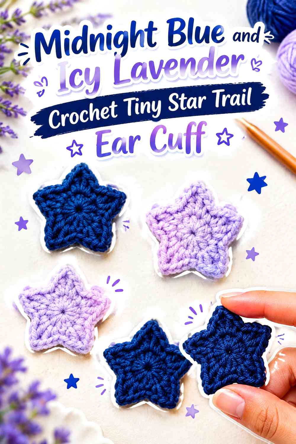 Midnight Blue and Icy Lavender Crochet Tiny Star Trail Ear Cuff