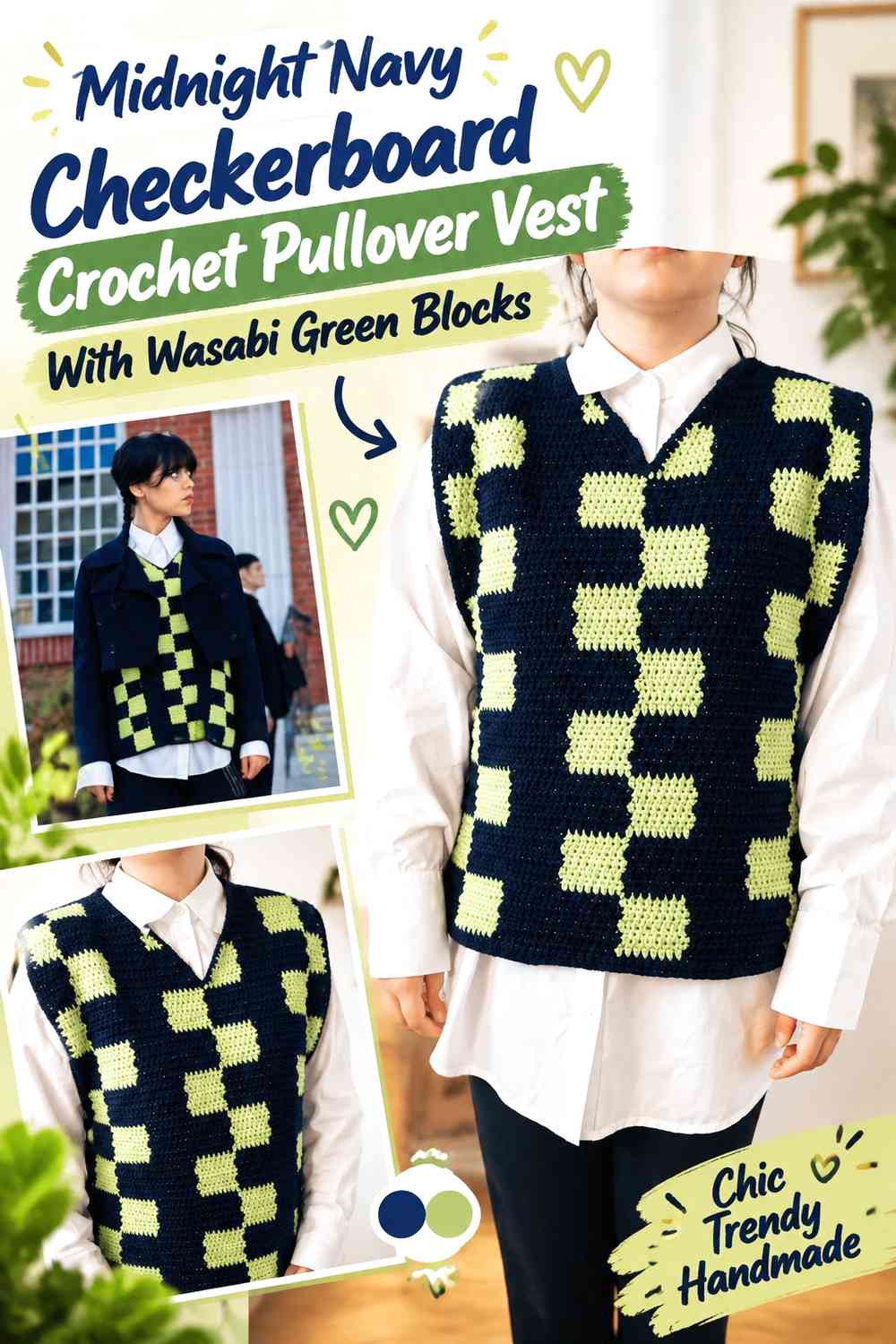 Midnight Navy Checkerboard Crochet Pullover Vest With Wasabi Green Blocks