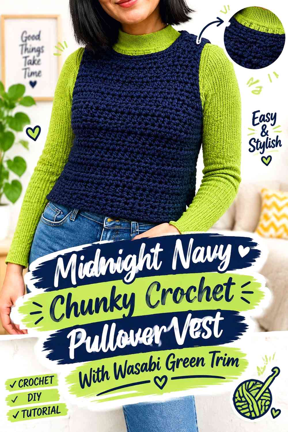 Midnight Navy Chunky Crochet Pullover Vest With Wasabi Green Trim