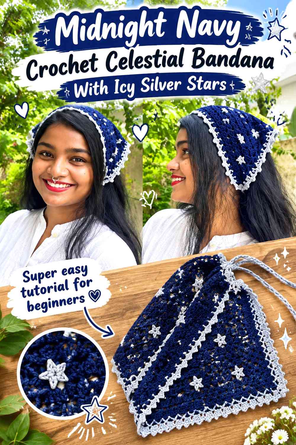 Midnight Navy Crochet Celestial Bandana With Icy Silver Stars