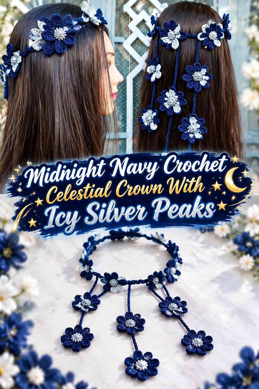 Midnight Navy Crochet Celestial Crown With Icy Silver Peaks