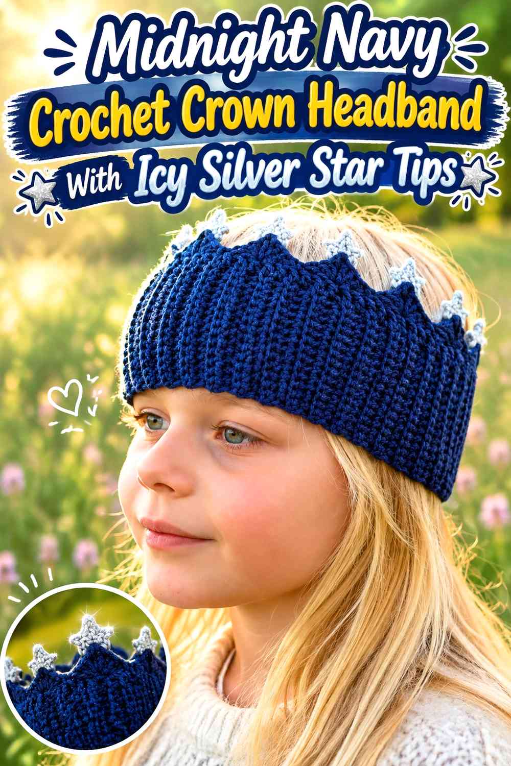 Midnight Navy Crochet Crown Headband With Icy Silver Star Tips