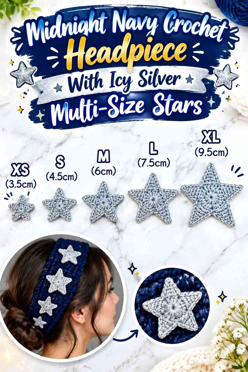 Midnight Navy Crochet Headpiece With Icy Silver Multi-Size Stars