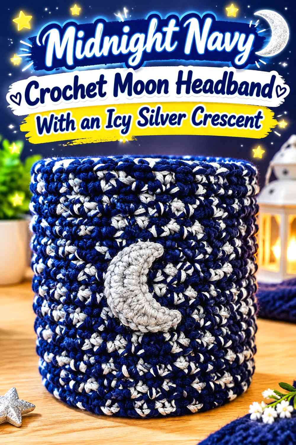 Midnight Navy Crochet Moon Headband With an Icy Silver Crescent