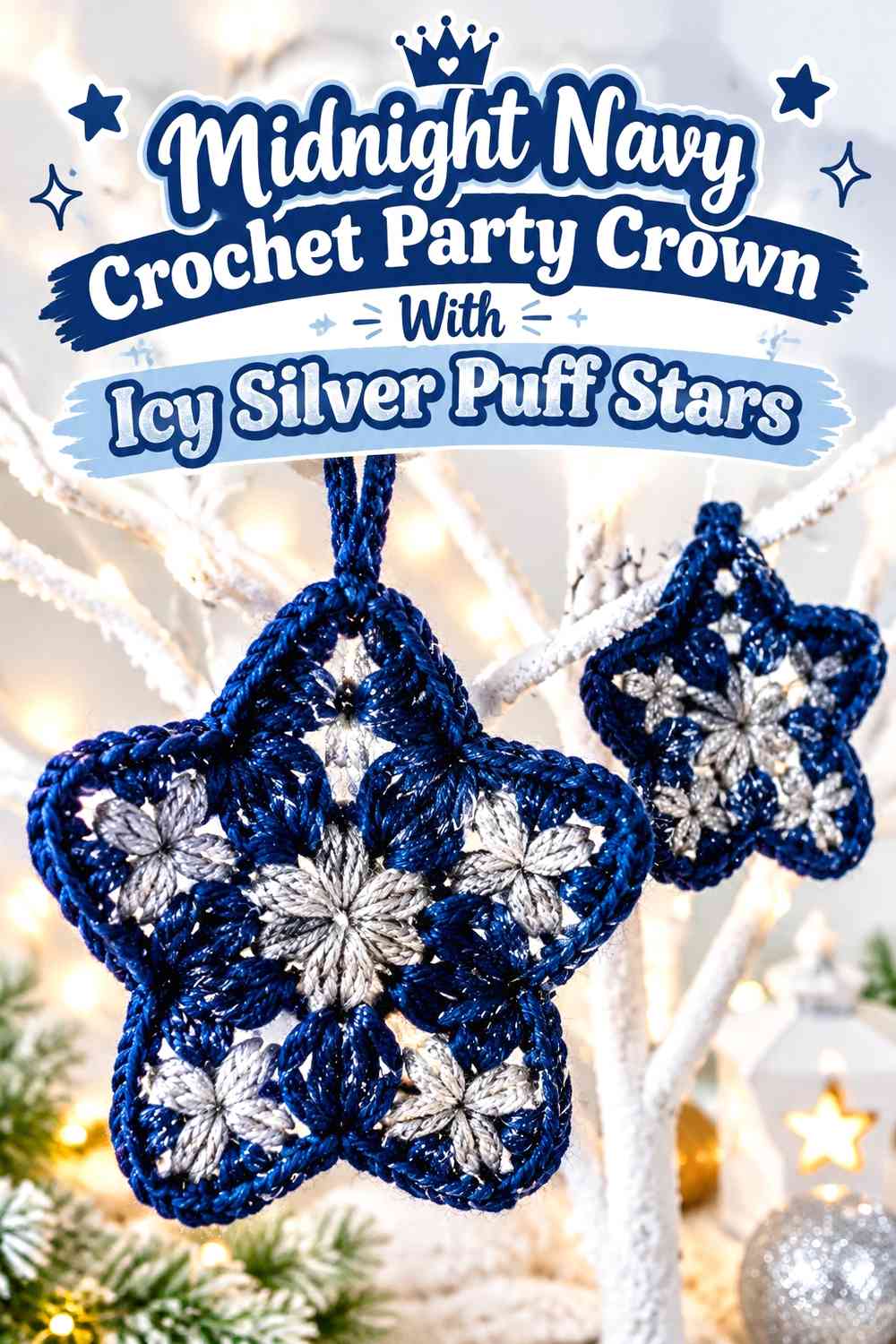 Midnight Navy Crochet Party Crown With Icy Silver Puff Stars