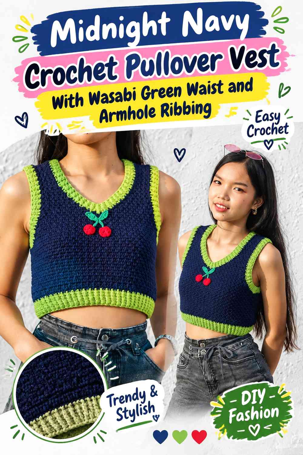 Midnight Navy Crochet Pullover Vest With Wasabi Green Waist and Armhole Ribbing