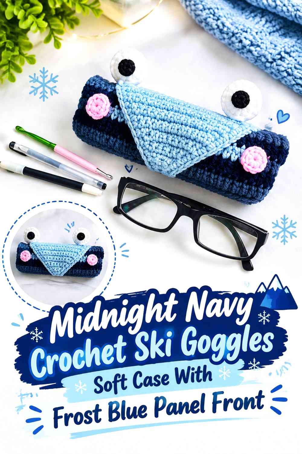 Midnight Navy Crochet Ski Goggles Soft Case With Frost Blue Panel Front
