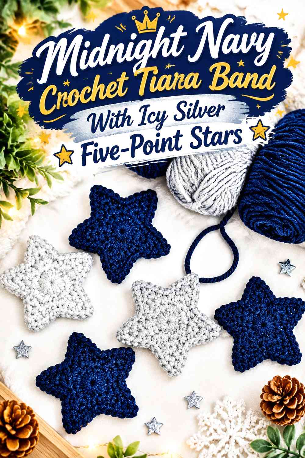 Midnight Navy Crochet Tiara Band With Icy Silver Five-Point Stars