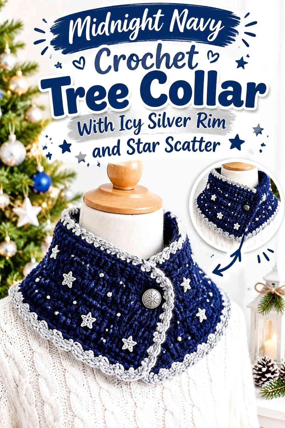 Midnight Navy Crochet Tree Collar With Icy Silver Rim and Star Scatter