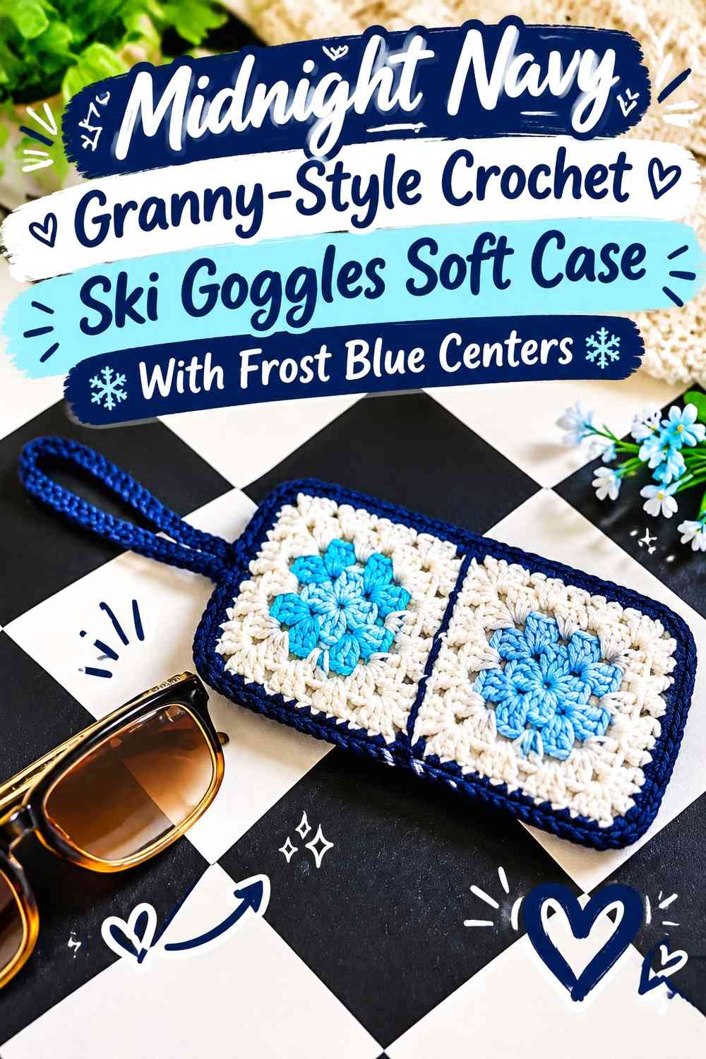 Midnight Navy Granny-Style Crochet Ski Goggles Soft Case With Frost Blue Centers
