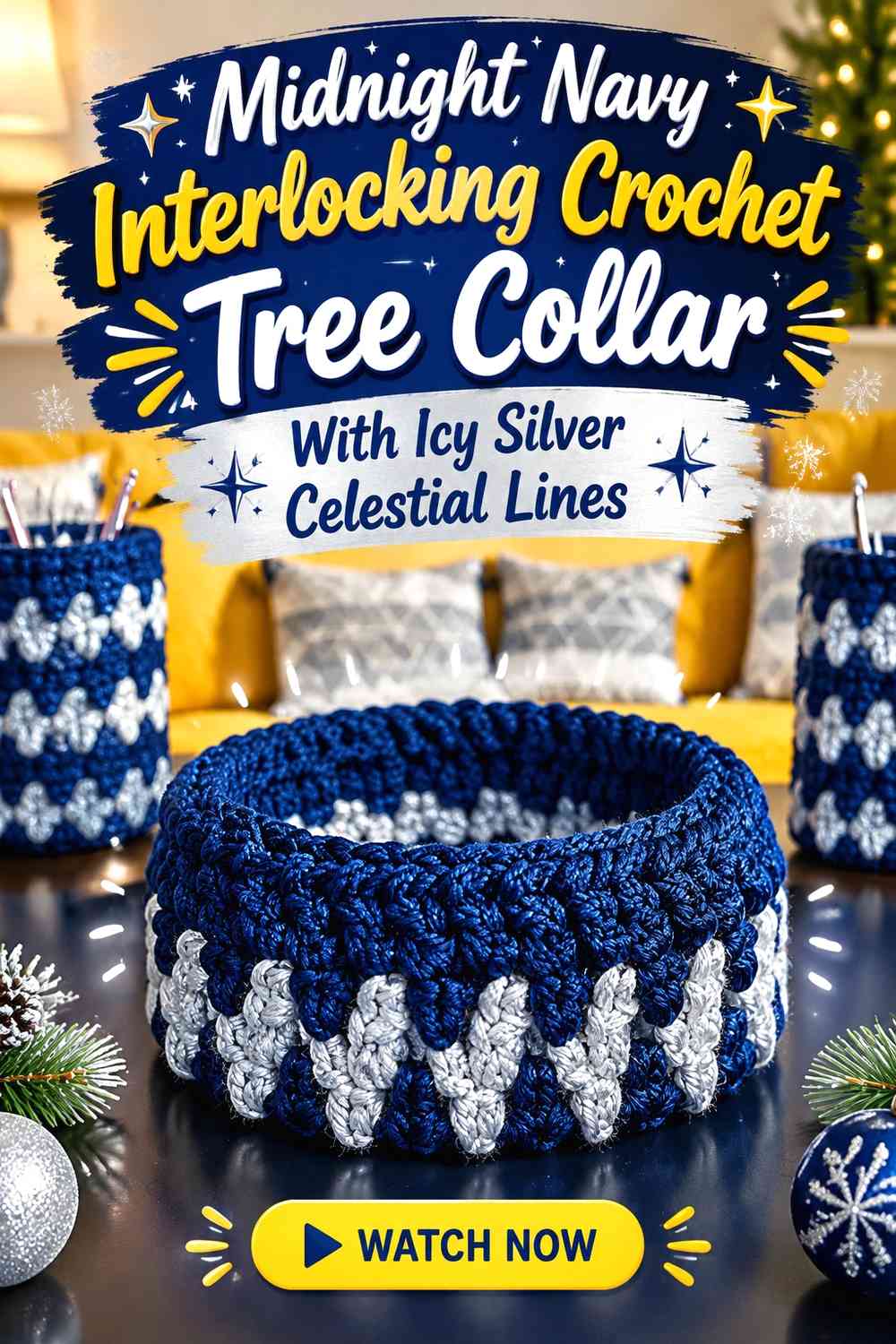 Midnight Navy Interlocking Crochet Tree Collar With Icy Silver Celestial Lines