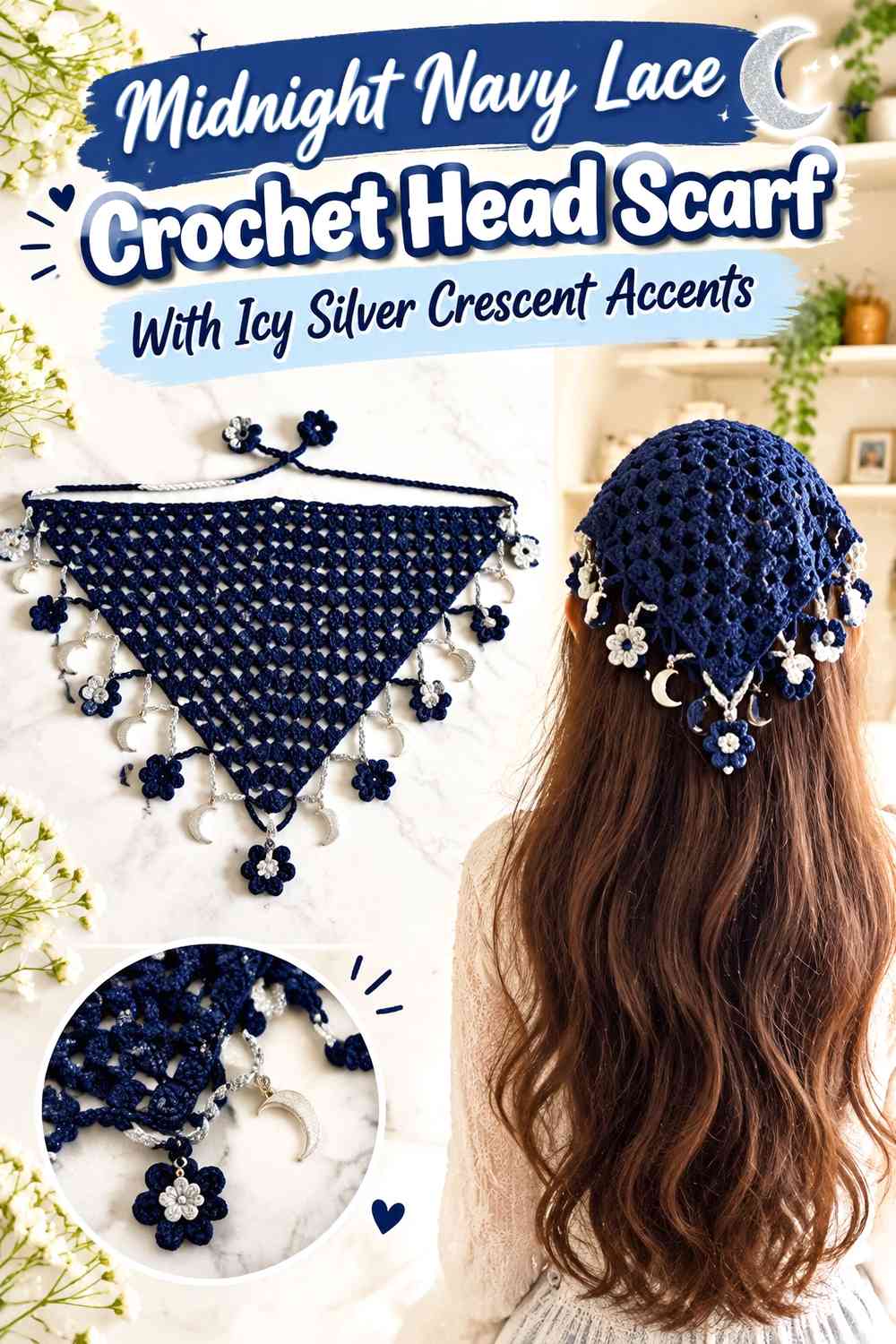 Midnight Navy Lace Crochet Head Scarf With Icy Silver Crescent Accents