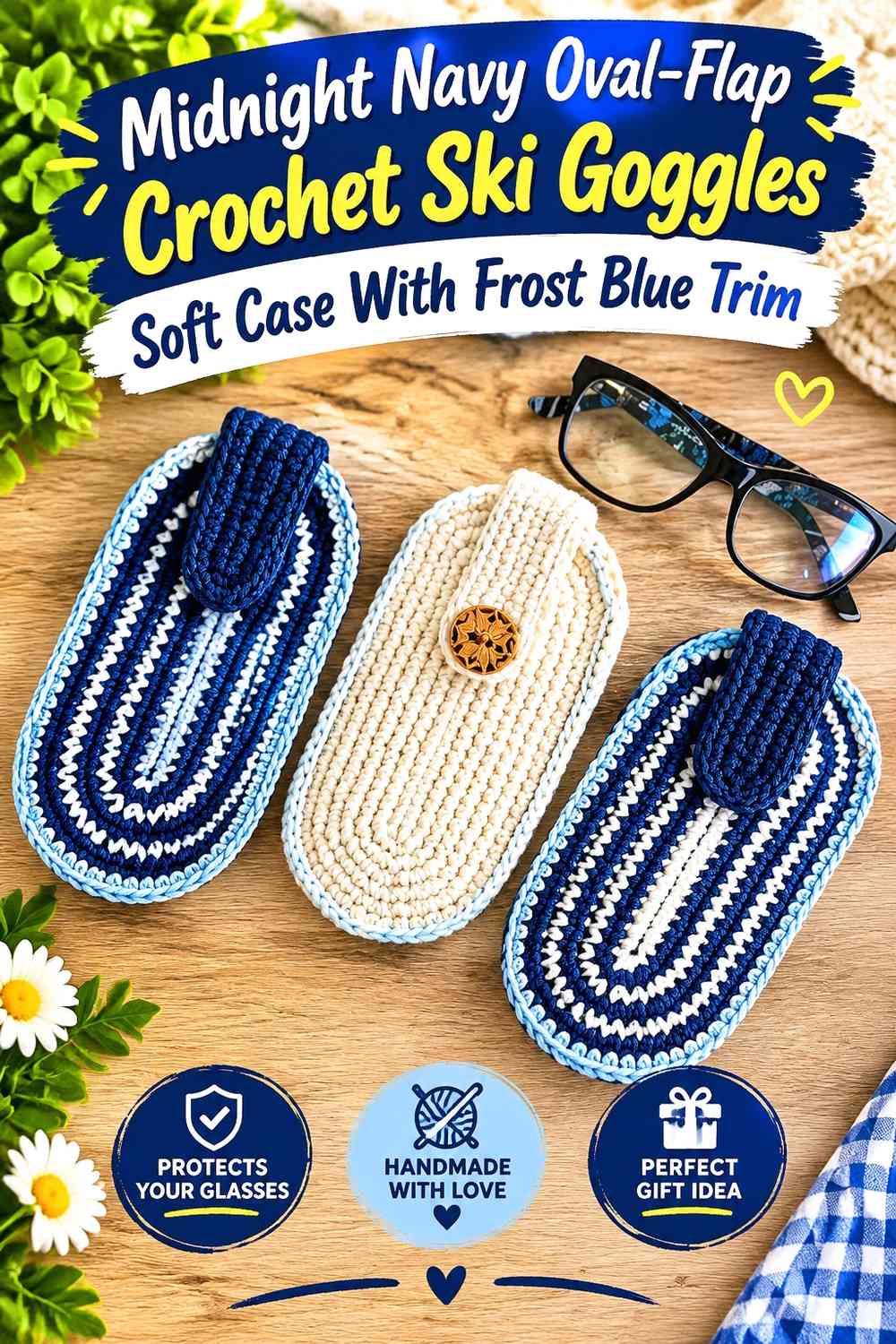 Midnight Navy Oval-Flap Crochet Ski Goggles Soft Case With Frost Blue Trim
