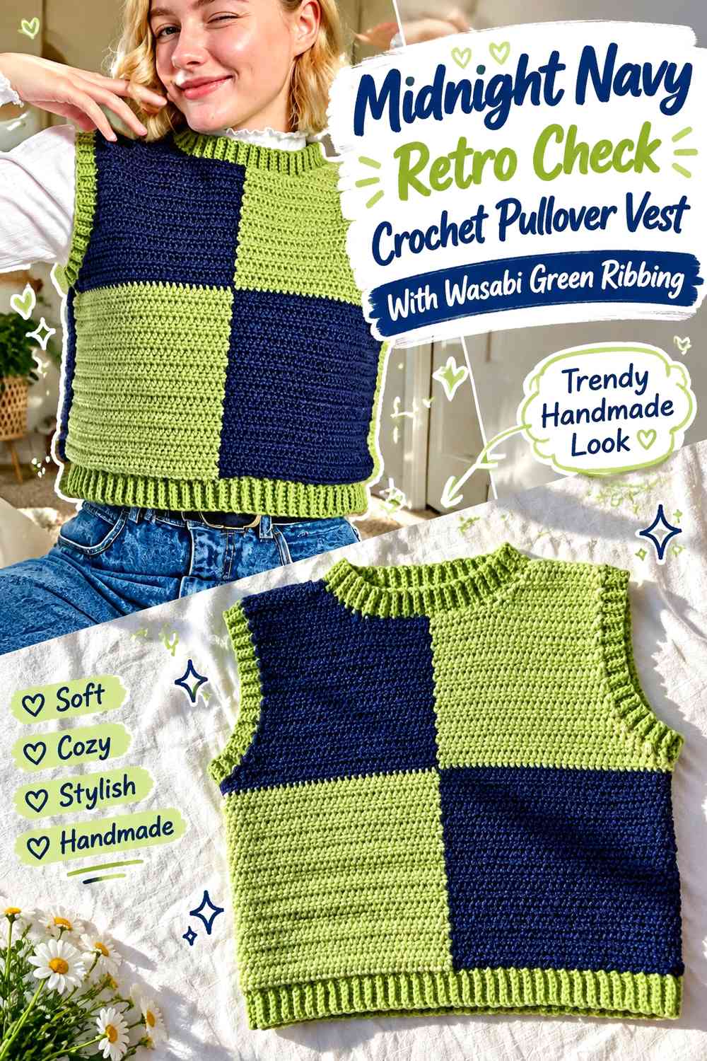 Midnight Navy Retro Check Crochet Pullover Vest With Wasabi Green Ribbing