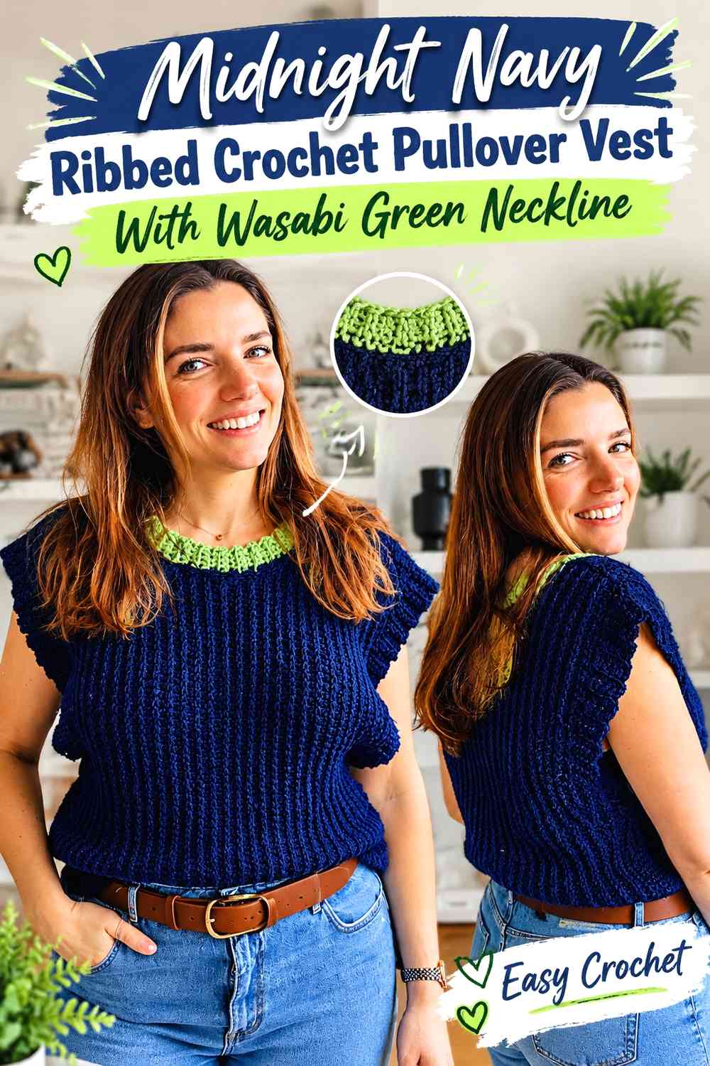 Midnight Navy Ribbed Crochet Pullover Vest With Wasabi Green Neckline