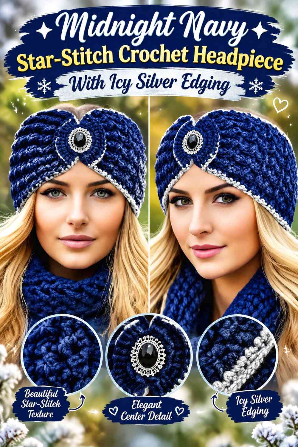Midnight Navy Star-Stitch Crochet Headpiece With Icy Silver Edging