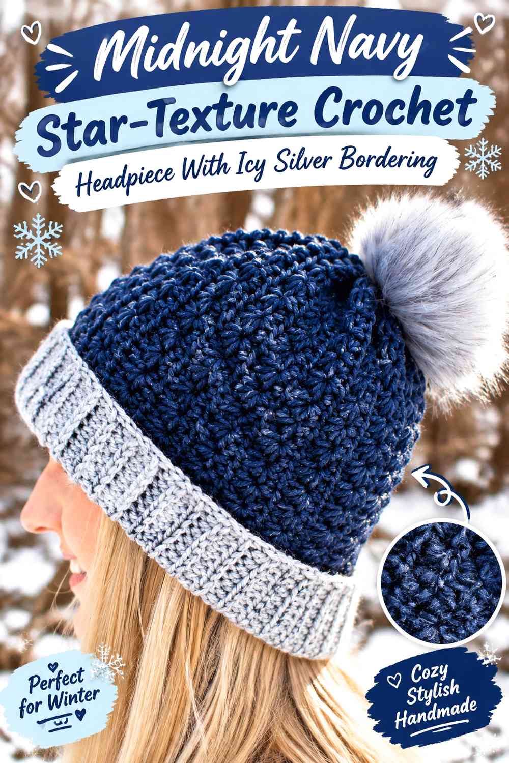 Midnight Navy Star-Texture Crochet Headpiece With Icy Silver Bordering