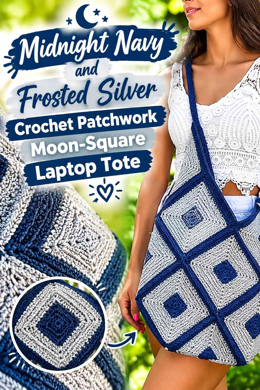 Midnight Navy and Frosted Silver Crochet Patchwork Moon-Square Laptop Tote