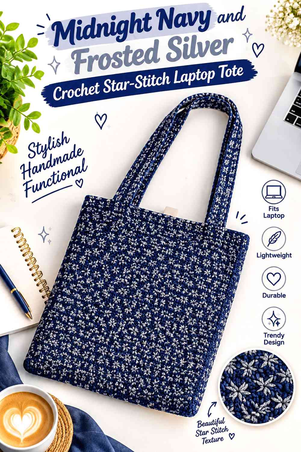Midnight Navy and Frosted Silver Crochet Star-Stitch Laptop Tote