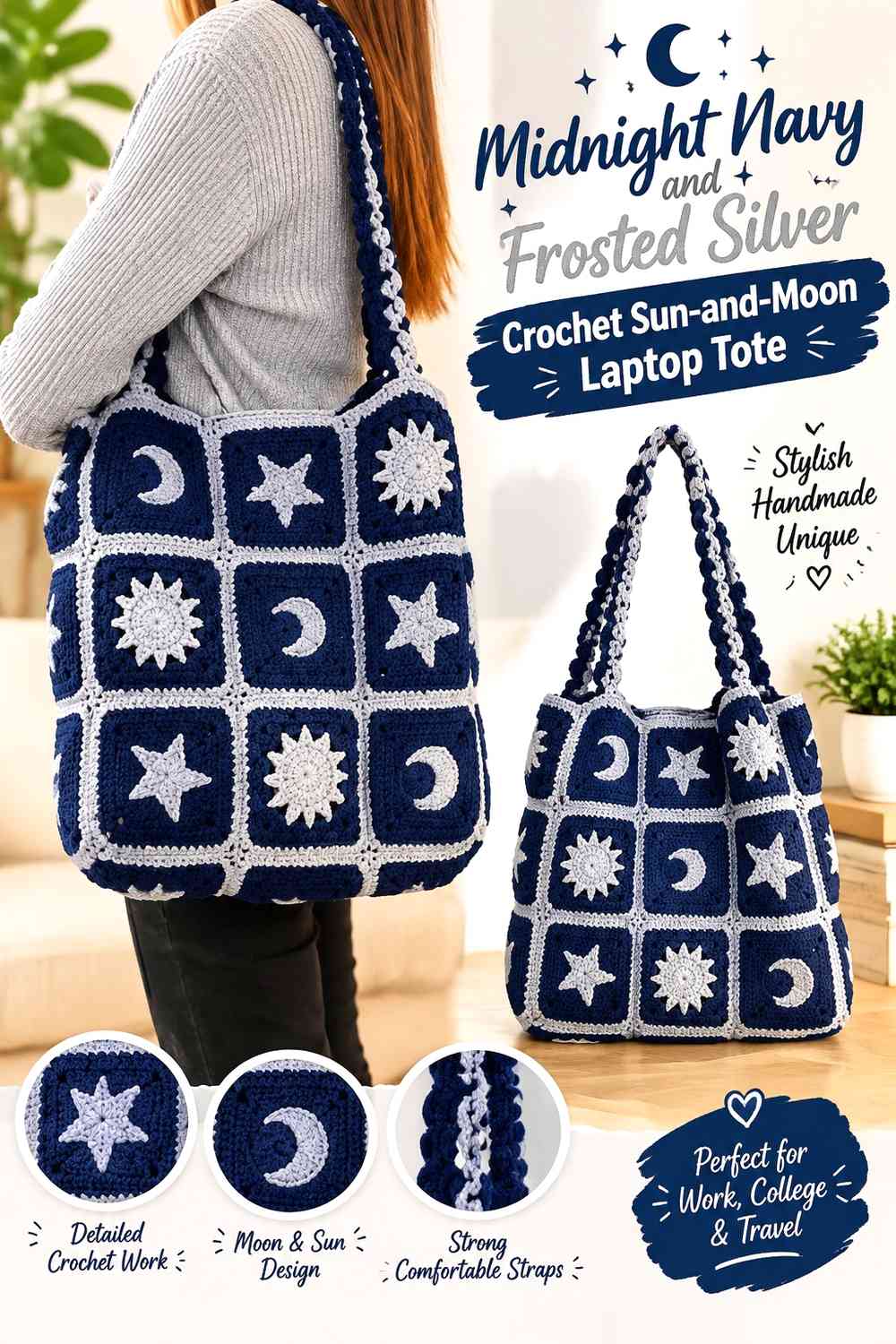Midnight Navy and Frosted Silver Crochet Sun-and-Moon Laptop Tote