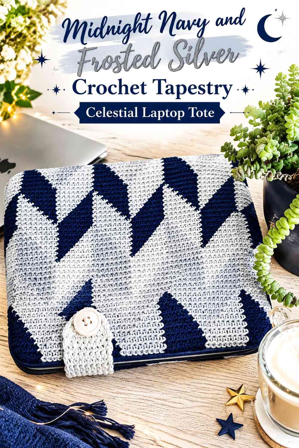 Midnight Navy and Frosted Silver Crochet Tapestry Celestial Laptop Tote