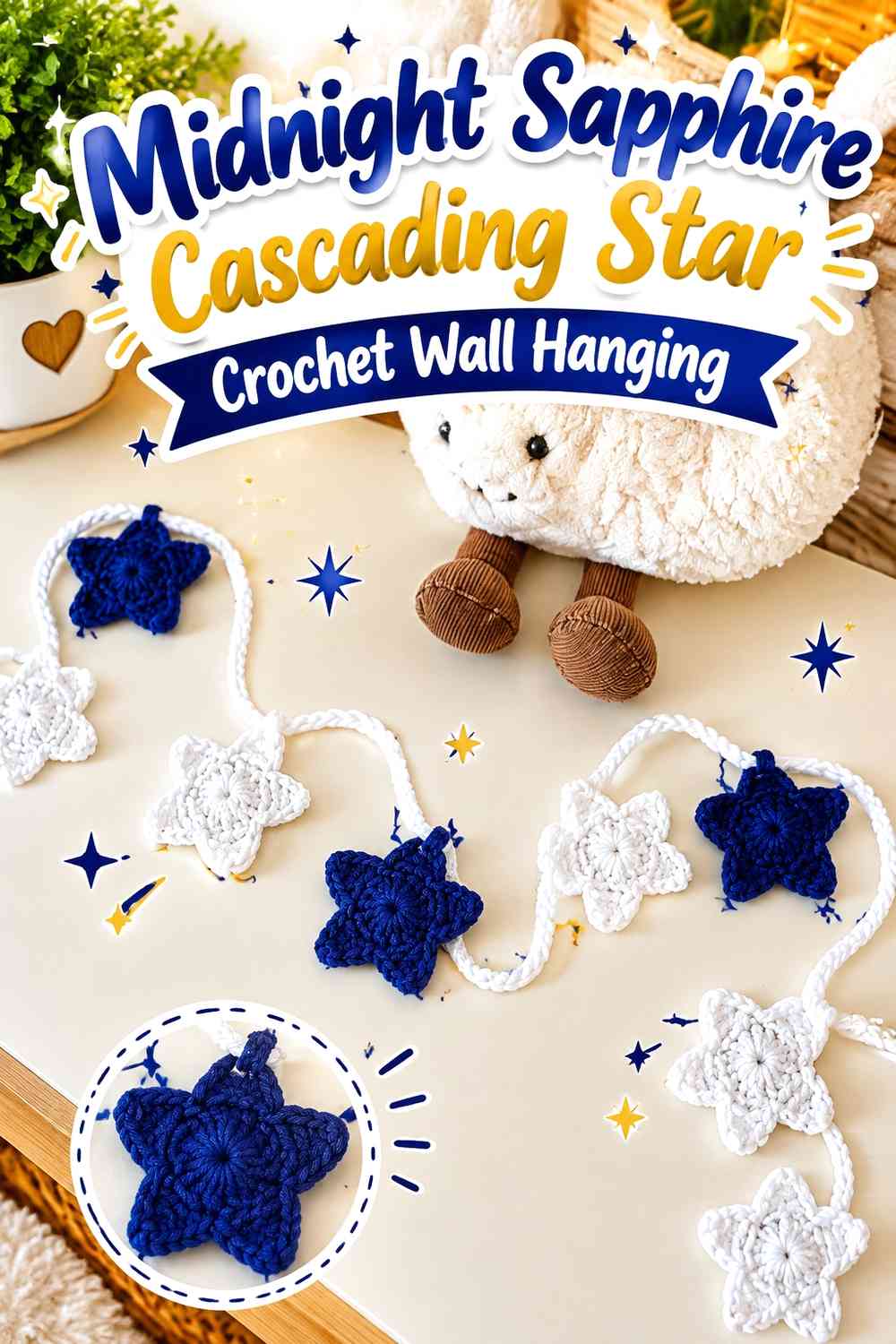Midnight Sapphire Cascading Star Crochet Wall Hanging