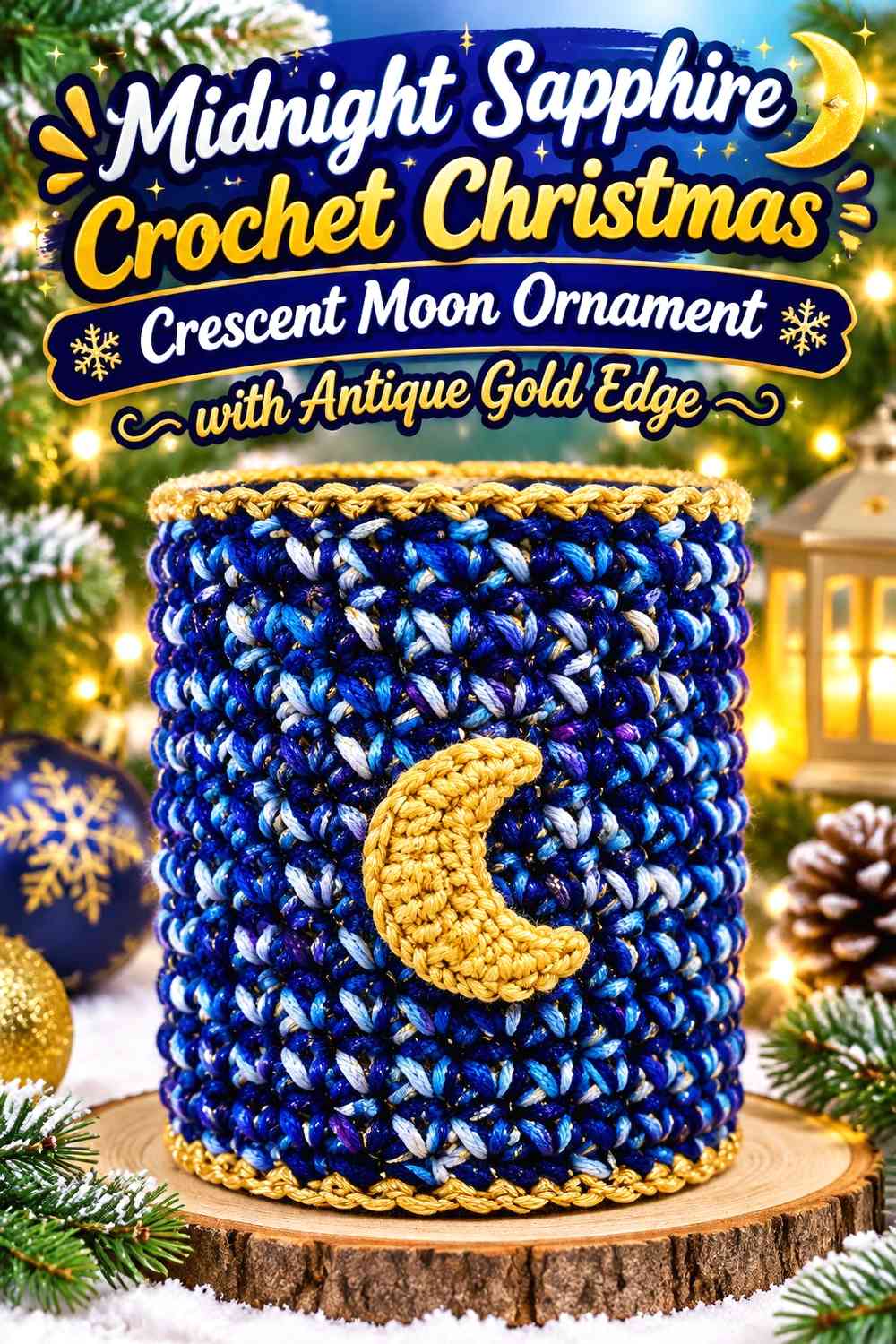 Midnight Sapphire Crochet Christmas Crescent Moon Ornament with Antique Gold Edge