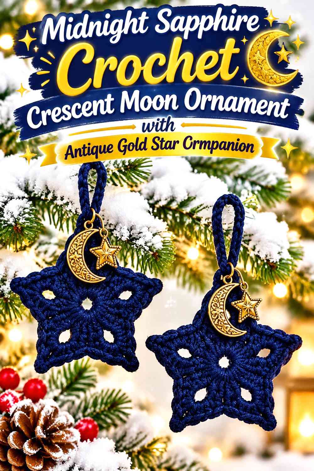 Midnight Sapphire Crochet Crescent Moon Ornament with Antique Gold Star Companion