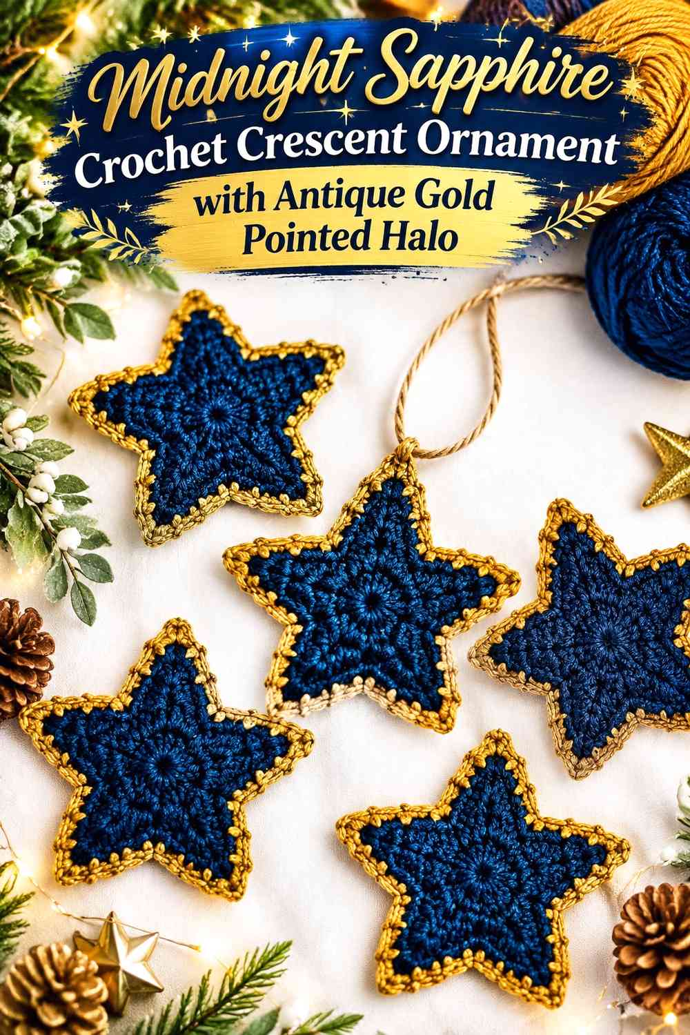 Midnight Sapphire Crochet Crescent Ornament with Antique Gold Pointed Halo