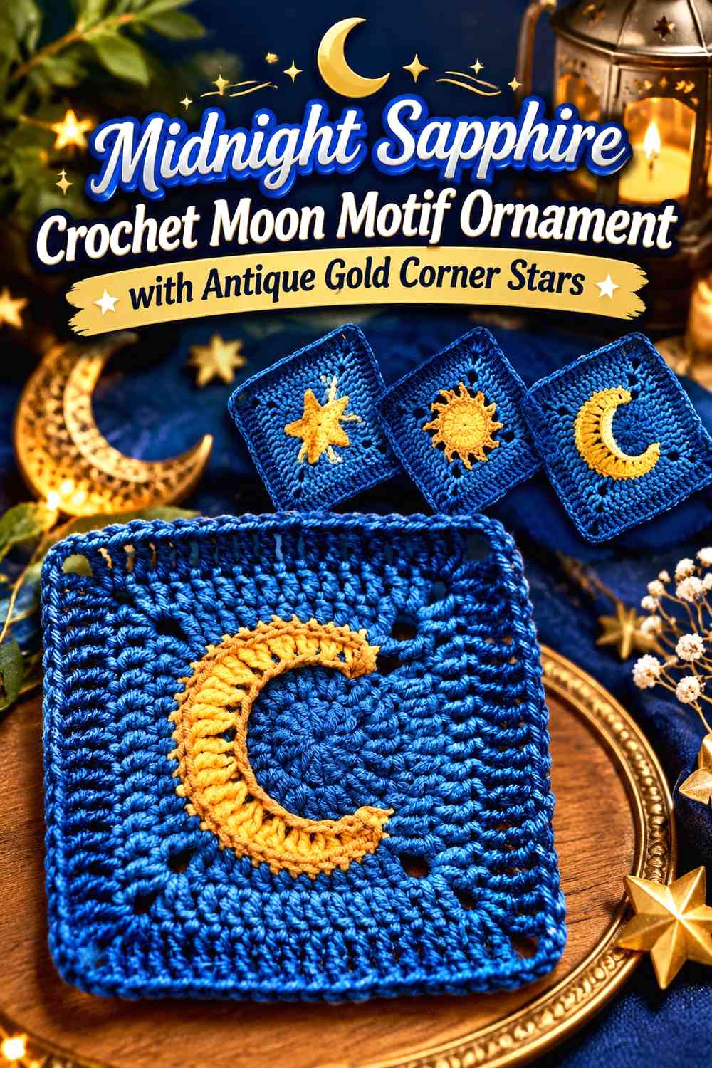Midnight Sapphire Crochet Moon Motif Ornament with Antique Gold Corner Stars