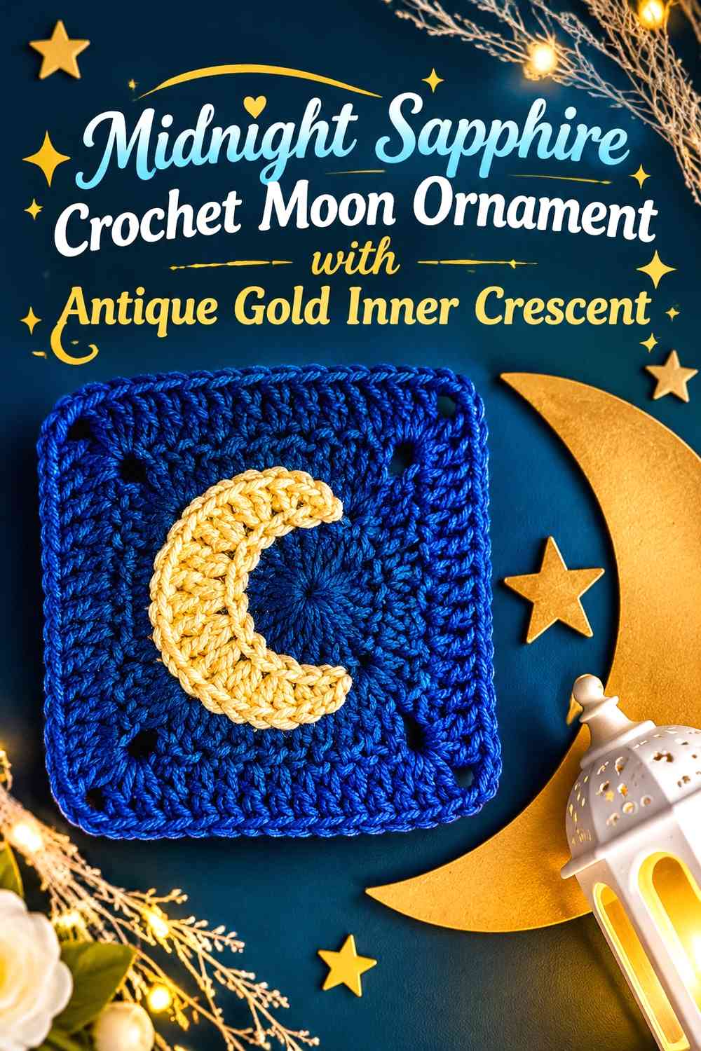 Midnight Sapphire Crochet Moon Ornament with Antique Gold Inner Crescent