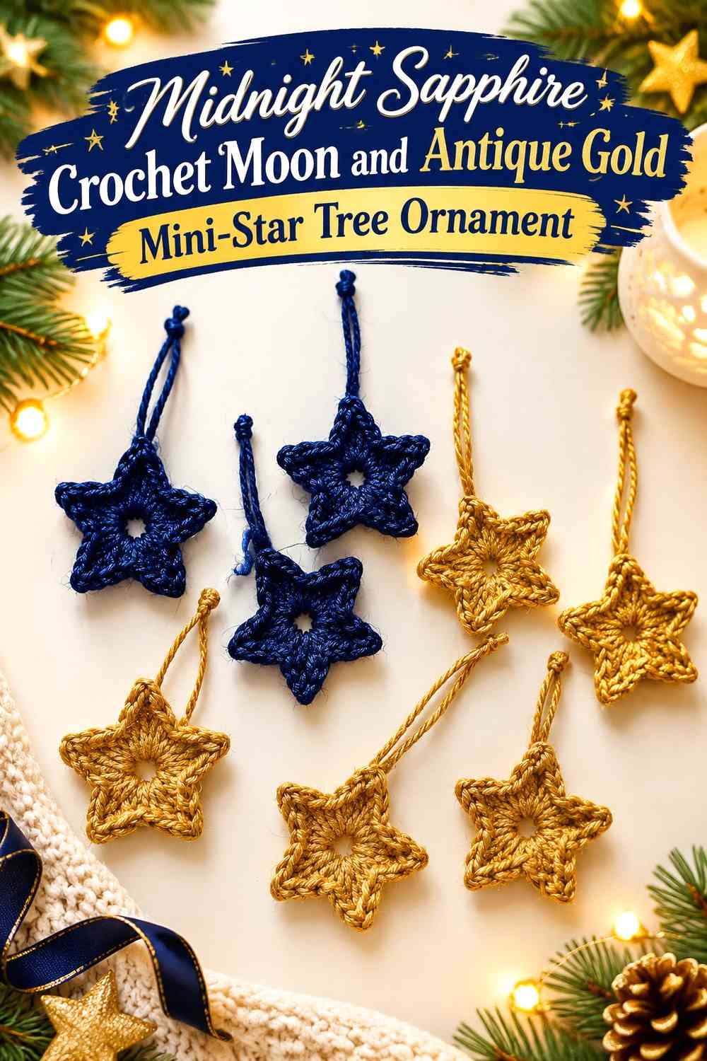 Midnight Sapphire Crochet Moon and Antique Gold Mini-Star Tree Ornament