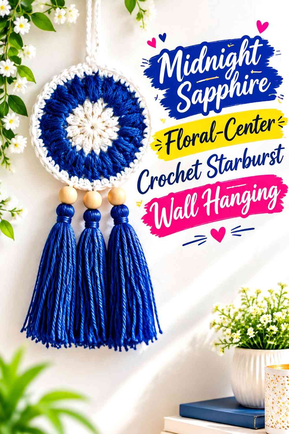 Midnight Sapphire Floral-Center Crochet Starburst Wall Hanging